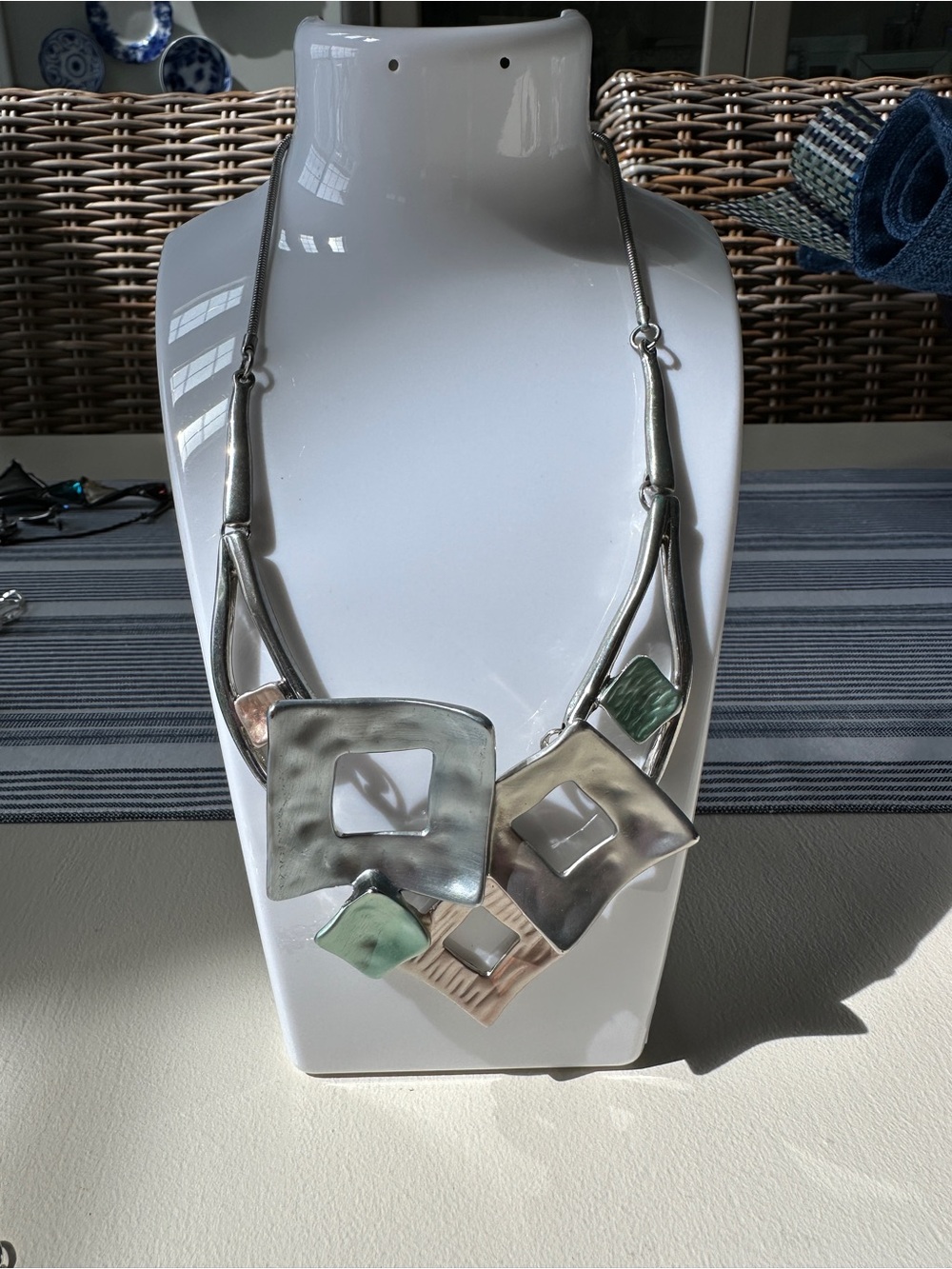 Contemporary Silver-Tone Geometric Necklace with Green Accents